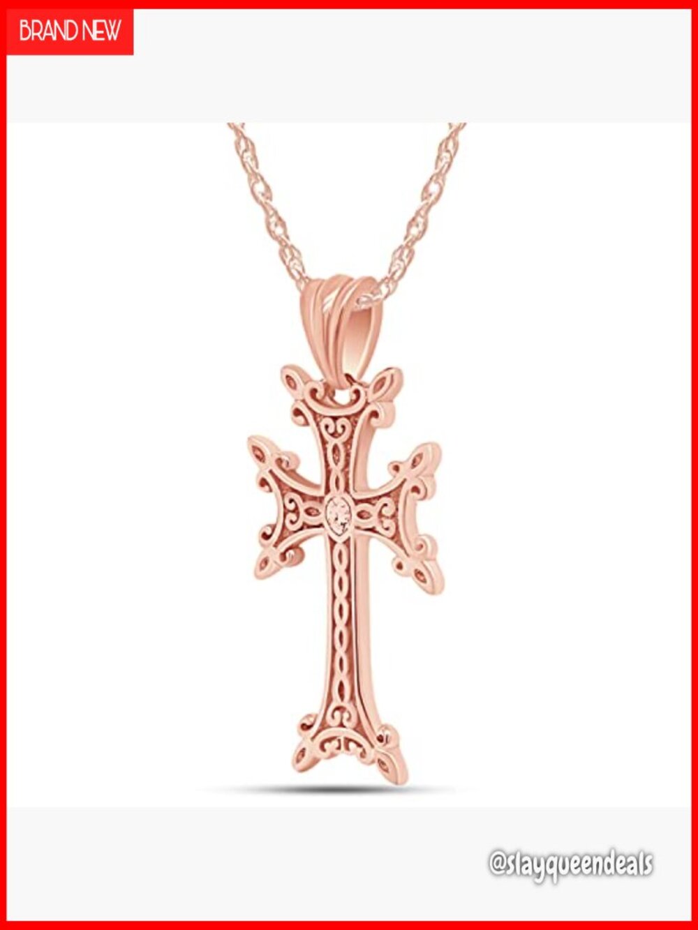 Armenian Cross Pendant Necklace with Rope Chain, 14K Gold Over 925 Sterling - Picture 2 of 7